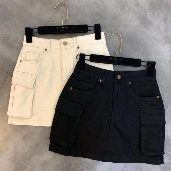 skirts 2021 side pocket decorative elastic tooling denim skirt female, Black