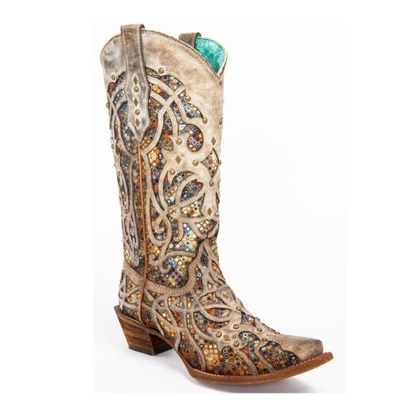 boots women taupe inlay western snip toe, Black