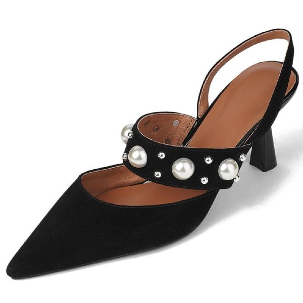 women's natural suede leather thin high heel pointed toe elegant ladies pumps summer slingback sandals pearl rivet dress shoes, Black
women's natural suede leather thin high heel pointed toe elegant ladies pumps summer slingback sandals pearl rivet dress shoes, Black