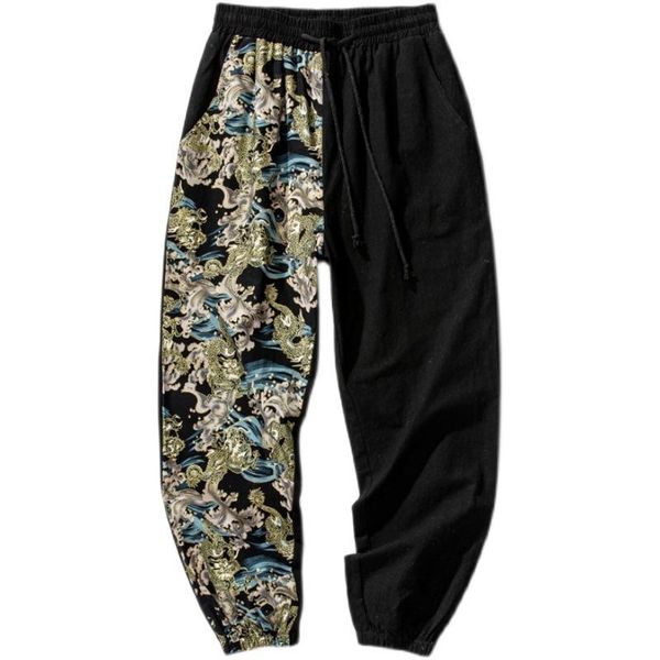 men's chinese style 2021 spring and summer ropa de hombre cotton linen casual retro stitching printed bouquet foot pants, Black
men's chinese style 2021 spring and summer ropa de hombre cotton linen casual retro stitching printed bouquet foot pants, Black