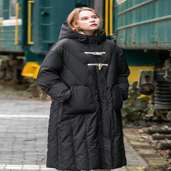 cow horn button white down jacket women exploded over the knee long coat windproof, Black
cow horn button white down jacket women exploded over the knee long coat windproof, Black