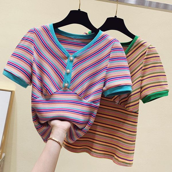 women's t-shirt striped casual short-sleeved 2021 summer fashion v-neck slim body shirt, White
women's t-shirt striped casual short-sleeved 2021 summer fashion v-neck slim body shirt, White