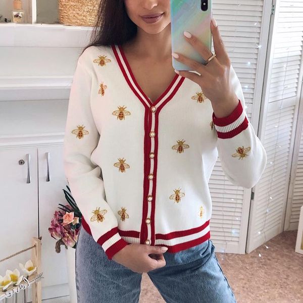 women's knits & tees fashion bee embroidery cardigan sweater autumn v neck long sleeve single breasted contrast color button knitted, White
women's knits & tees fashion bee embroidery cardigan sweater autumn v neck long sleeve single breasted contrast color button knitted, White