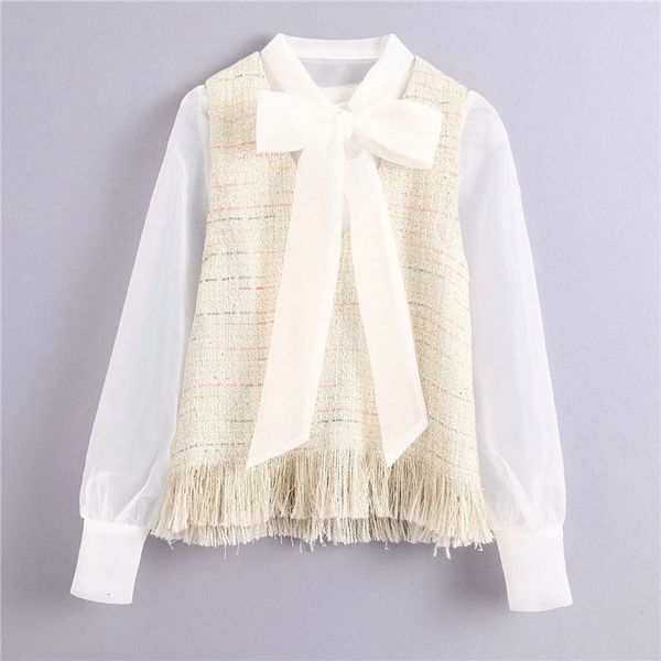 women's polos women fashion patchwork tweed long za beige blouse chic lady elegant organza sleeve bow collar transparent t2qi, White
women's polos women fashion patchwork tweed long za beige blouse chic lady elegant organza sleeve bow collar transparent t2qi, White