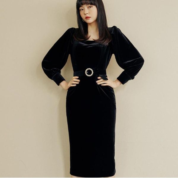 vintage french style elegant velvet dress women square collar autumn puff sleeve belted fashion ladies casual dresses, Black;gray
vintage french style elegant velvet dress women square collar autumn puff sleeve belted fashion ladies casual dresses, Black;gray