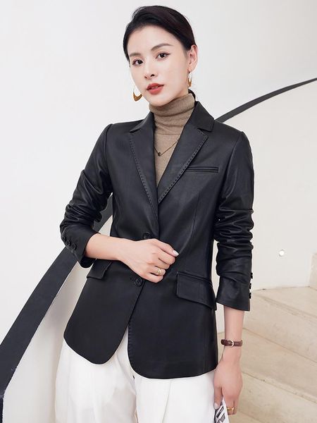 women's leather & faux spring and autumn sheepskin small coat suit slim fitting short lapel locomotive, Black
women's leather & faux spring and autumn sheepskin small coat suit slim fitting short lapel locomotive, Black