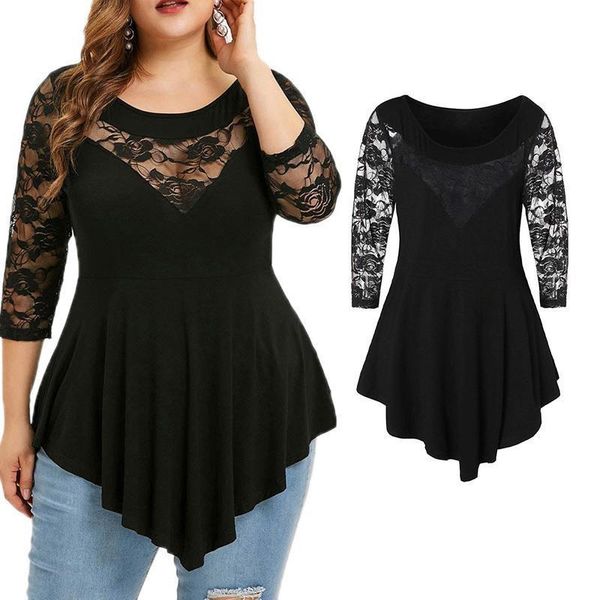 plus size women solid floral o-neck asymmetric three quarter womens modis lace camisas, White
plus size women solid floral o-neck asymmetric three quarter womens modis lace camisas, White