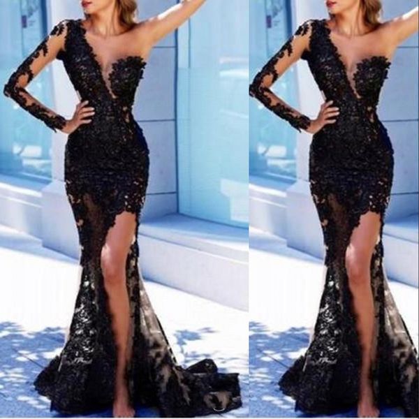 2021 one shoulder long sleeve black lace evening dresses wear style high split mermaid floor length prom party gown custom size, Black;red
2021 one shoulder long sleeve black lace evening dresses wear style high split mermaid floor length prom party gown custom size, Black;red