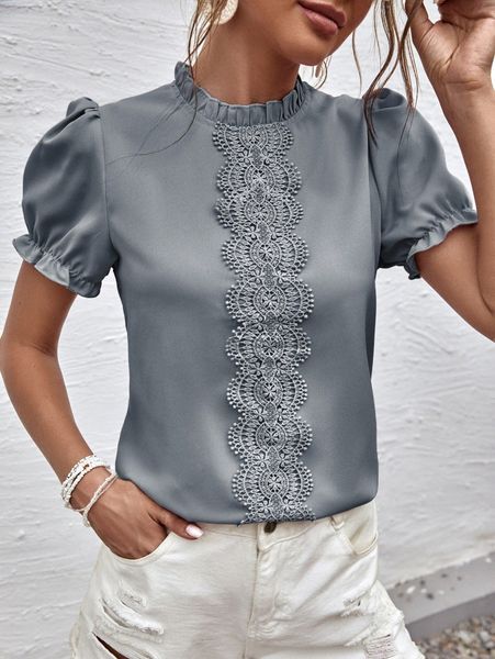 contrast lace mock neck blouse p7ld#, White