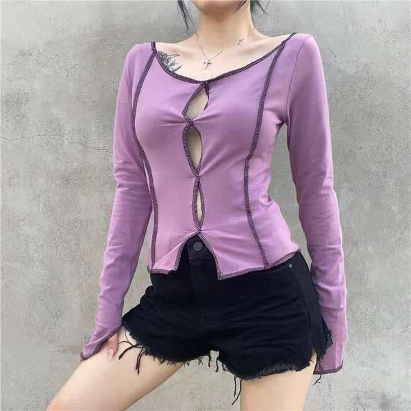 women's t-shirt 2021 stitching hollow long-sleeved for purple out slit streetwear slim cotton ladies casual patchwork, White
women's t-shirt 2021 stitching hollow long-sleeved for purple out slit streetwear slim cotton ladies casual patchwork, White