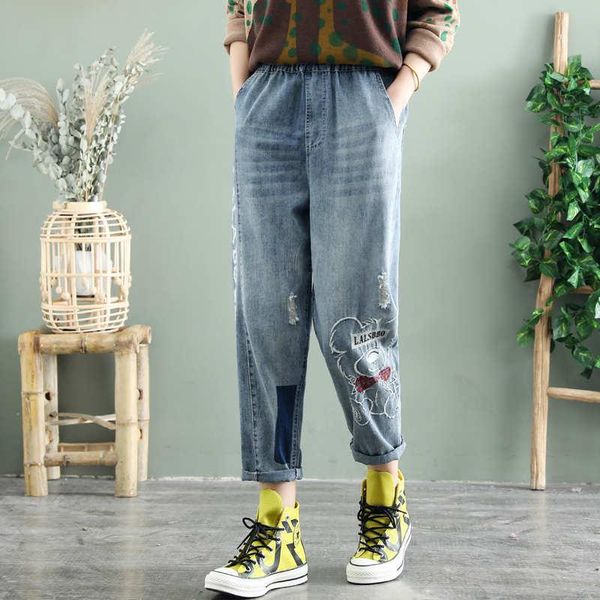 spring women's retro nine-point jeans ladies loose embroidery appliqué elastic waist distressed harem pants, plus size, Blue
spring women's retro nine-point jeans ladies loose embroidery appliqué elastic waist distressed harem pants, plus size, Blue