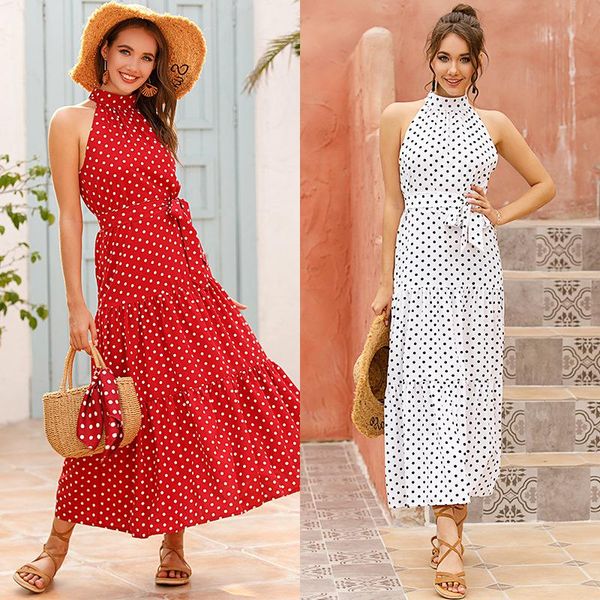 party dresses 2021polka dot print standing collar pleated long skirt with neck for women's summer, White;black
party dresses 2021polka dot print standing collar pleated long skirt with neck for women's summer, White;black