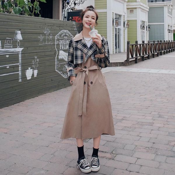 women's trench coats coat female contrasting color stitching plaid long british spring autumn jacket korean loose casual windbreaker, Tan;black
women's trench coats coat female contrasting color stitching plaid long british spring autumn jacket korean loose casual windbreaker, Tan;black