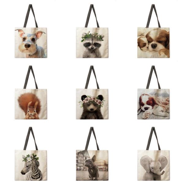 bag animal print digital printed linen ladies handbag shoulder shopping tote