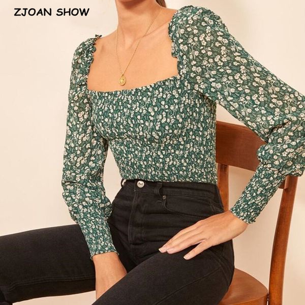 women's blouses & shirts chic green small flower print crop shirt women square neck elastic ruched body slim fit blouse frenc wu10, White
women's blouses & shirts chic green small flower print crop shirt women square neck elastic ruched body slim fit blouse frenc wu10, White
