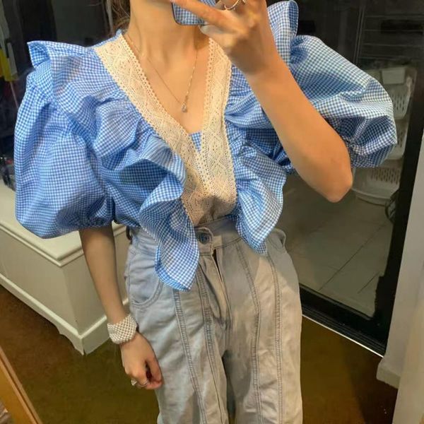 women's blouses & shirts lace floral houndstooth ruffled lantern short sleeve v-neck sheer blouse women shirt vintage 2021 summer fashi, White
women's blouses & shirts lace floral houndstooth ruffled lantern short sleeve v-neck sheer blouse women shirt vintage 2021 summer fashi, White