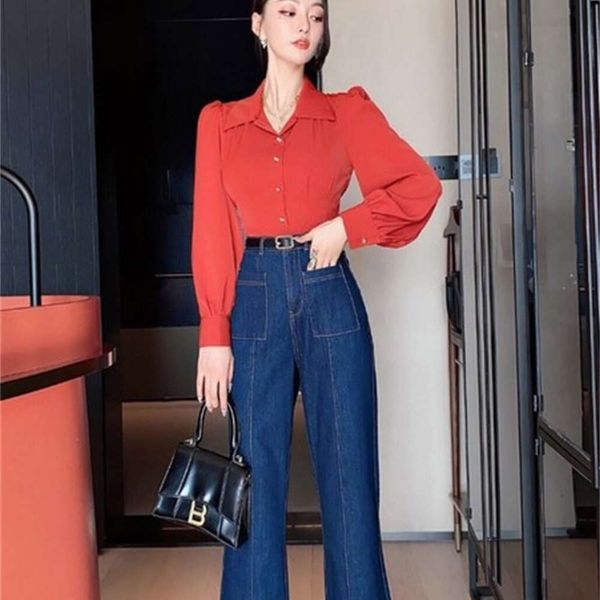 women's 2021 spring and summer new hong kong style lantern sleeve shirt with high waist wide leg jeans, Black;white
women's 2021 spring and summer new hong kong style lantern sleeve shirt with high waist wide leg jeans, Black;white