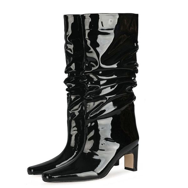 boots big size 47 autumn winter daily shoes black pleated patent leather upper slip on lady's knee high heel