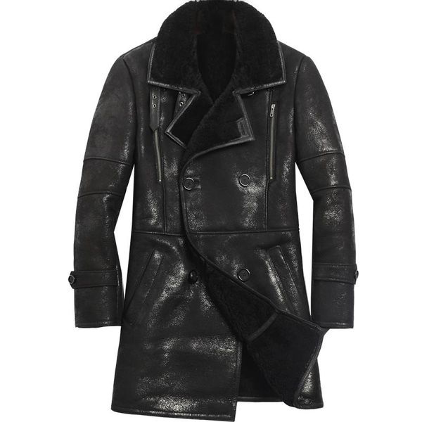 men's leather & faux winter genuine jacket men sheep shearling mens sheepskin coat 2021 long real fur vintage kj1133, Black
men's leather & faux winter genuine jacket men sheep shearling mens sheepskin coat 2021 long real fur vintage kj1133, Black