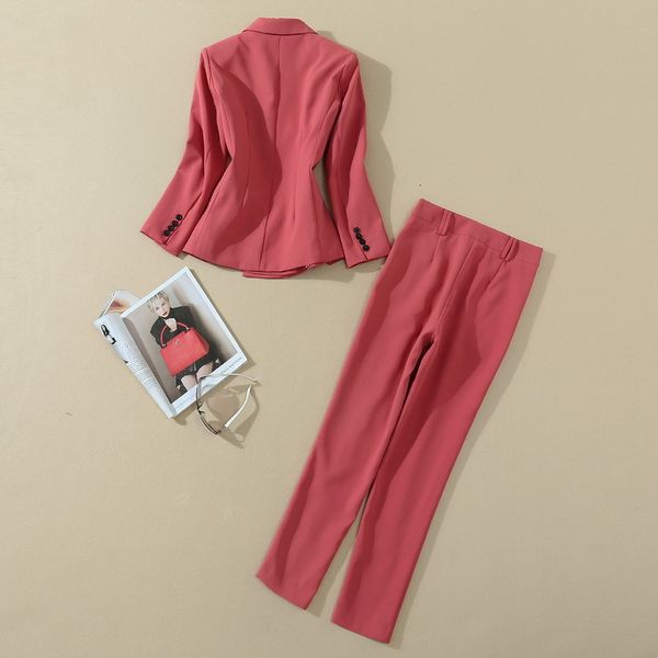 pants runway women's autumn winter ladies double breasted blazer coats+ny pants & capris set, White