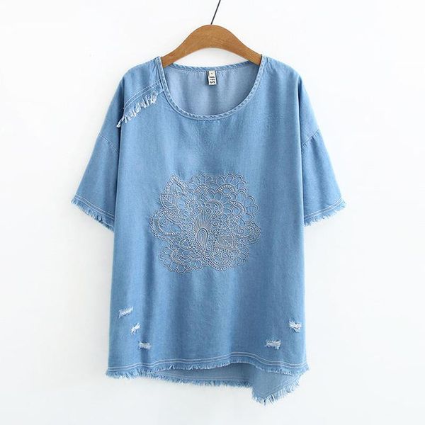 women's t-shirt vintage embroidery short sleeve denim women plus size blue loose ripped summer pullover tee clothing, White
women's t-shirt vintage embroidery short sleeve denim women plus size blue loose ripped summer pullover tee clothing, White