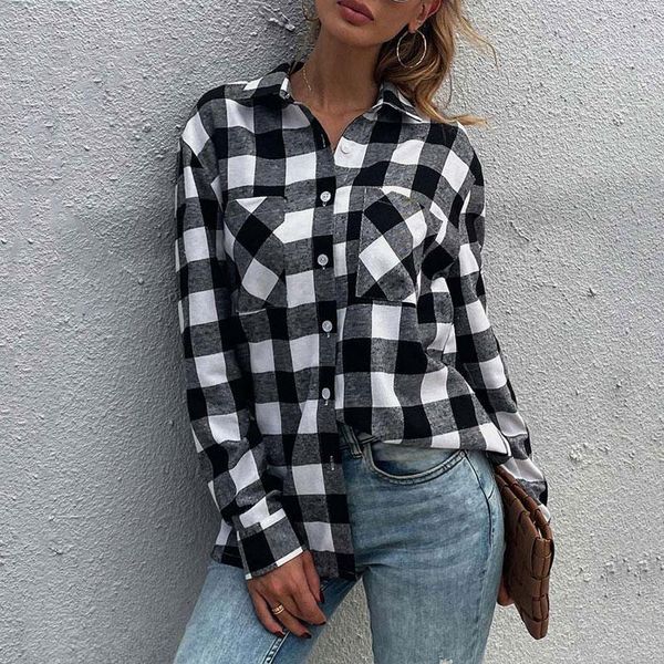 women's blouses & shirts 2021 autumn plaid shirt women long sleeve button up casual blouse ladies for, White
women's blouses & shirts 2021 autumn plaid shirt women long sleeve button up casual blouse ladies for, White