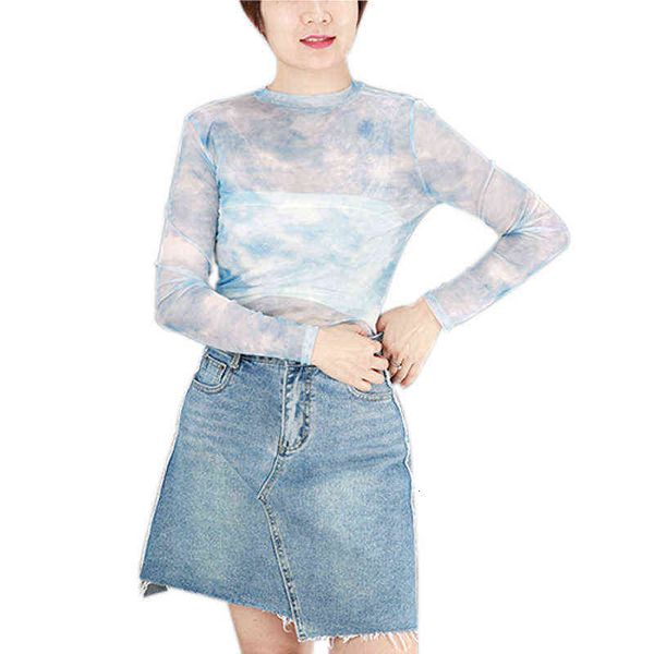 women's sweaters blue tie dyed mh long sleeve base shirt summer sunscreen ice silk perspective with slim fit thin t-shirt, White;black 
women's sweaters blue tie dyed mh long sleeve base shirt summer sunscreen ice silk perspective with slim fit thin t-shirt, White;black