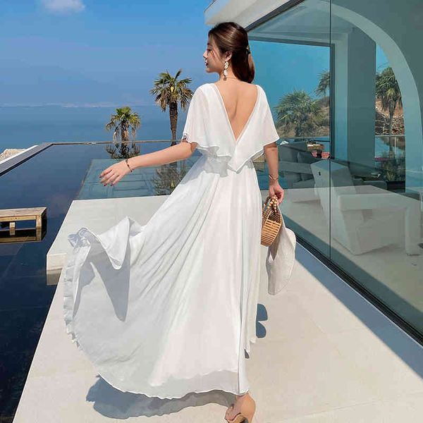 elegant temperament white chiffon v neck backless women summer batwing sleeve big swing casual dresses 210514, Black;gray
elegant temperament white chiffon v neck backless women summer batwing sleeve big swing casual dresses 210514, Black;gray