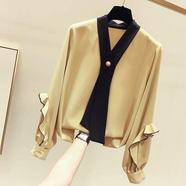 women's blouses & shirts spring autumn style chiffon shirt ruffles v-neck long sleeve patchwork korean df3877, White
women's blouses & shirts spring autumn style chiffon shirt ruffles v-neck long sleeve patchwork korean df3877, White