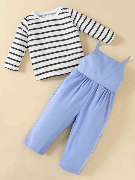 baby striped tee with overalls she, White