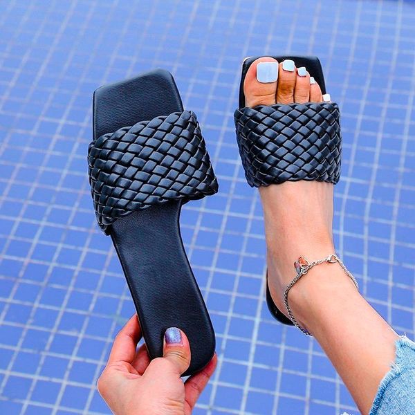 slippers women's square toe woven beach ladies summer sandals shoes outside slides large size 35-42 2021 pu flat with, Black