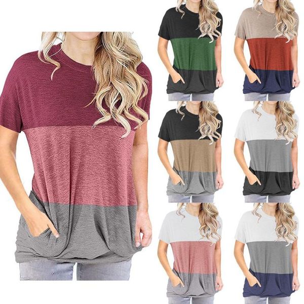women's t-shirt 2021 style color matching round neck loose bat short sleeve pocket women, White
women's t-shirt 2021 style color matching round neck loose bat short sleeve pocket women, White