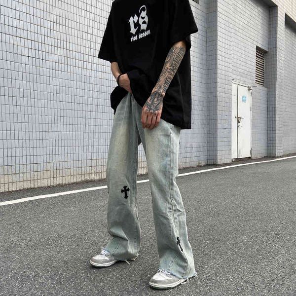 crosin american street cross cloth embroidery micro flared hip hop vibe style loose jeans men's pants, White;black
crosin american street cross cloth embroidery micro flared hip hop vibe style loose jeans men's pants, White;black