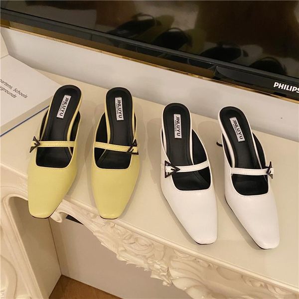 fashion square toe women slippers round high heels elegant pumps slip on hollow casual belt buckle slides flip flops yellow shoe, Black