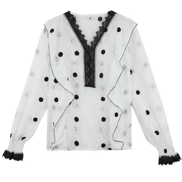 women beige polka dot chiffon shirt v-neck long sleeve lace patchwork vintage spring b0709 210514, White
women beige polka dot chiffon shirt v-neck long sleeve lace patchwork vintage spring b0709 210514, White