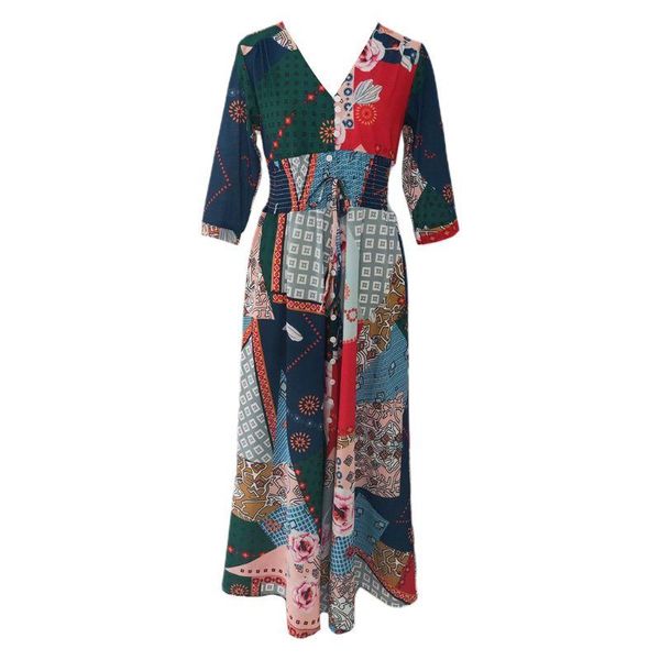 women bohemian 3/4 sleeves floral printed v-neck flared maxi dress drawstring tassels high waist button down beach sundress casual dres, Black;gray
women bohemian 3/4 sleeves floral printed v-neck flared maxi dress drawstring tassels high waist button down beach sundress casual dres, Black;gray