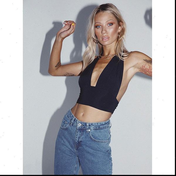 summer crop slim women tank fitting halter neck deep plunging neckline open back thick waist band elasticated, White
summer crop slim women tank fitting halter neck deep plunging neckline open back thick waist band elasticated, White