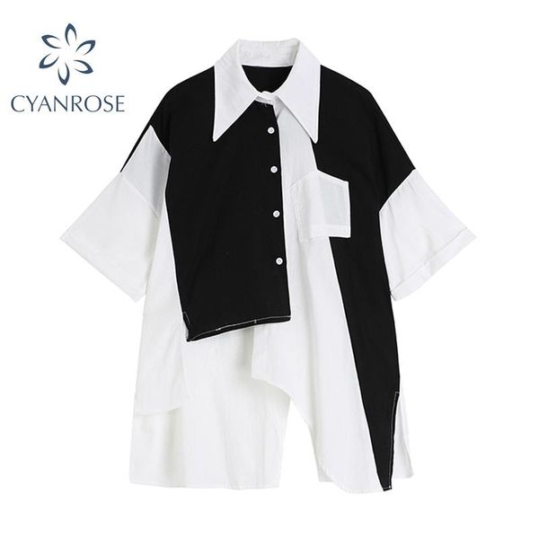 women's blouses & shirts 2021 summer fashion patchwork woman's irregular single breasted short sleeve streetwear hit color long bl, White
women's blouses & shirts 2021 summer fashion patchwork woman's irregular single breasted short sleeve streetwear hit color long bl, White