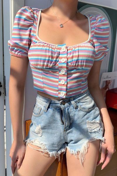 rainbow striped t-shirts women short sleeve summer crop puff ruched clothes for woman girl femme women's t-shirt, White
rainbow striped t-shirts women short sleeve summer crop puff ruched clothes for woman girl femme women's t-shirt, White