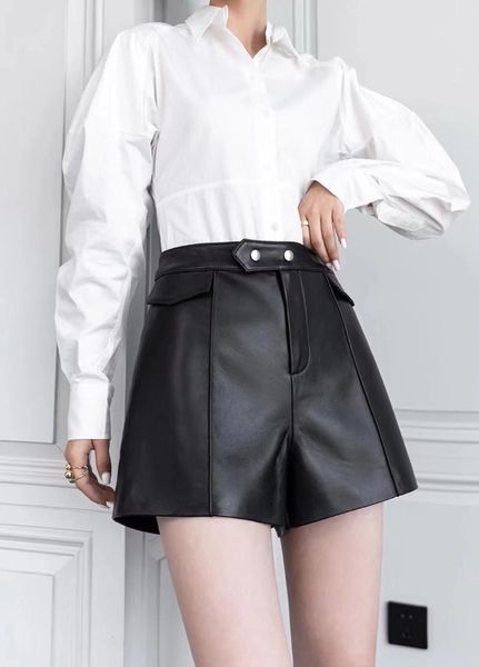 women's shorts 2021 autumn women's high waist genuine leather women femme casual ladies black trousers, White;black
women's shorts 2021 autumn women's high waist genuine leather women femme casual ladies black trousers, White;black