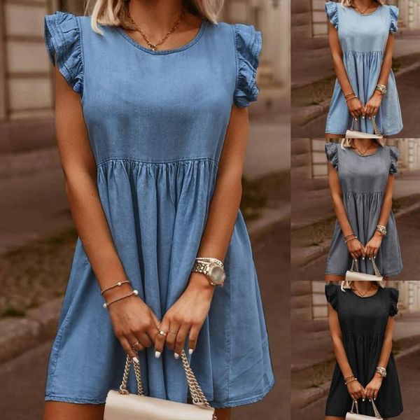 casual dresses summer ladies long for women mini dress ruffle sleeve solid color loose round neck denim party, Black;gray
casual dresses summer ladies long for women mini dress ruffle sleeve solid color loose round neck denim party, Black;gray