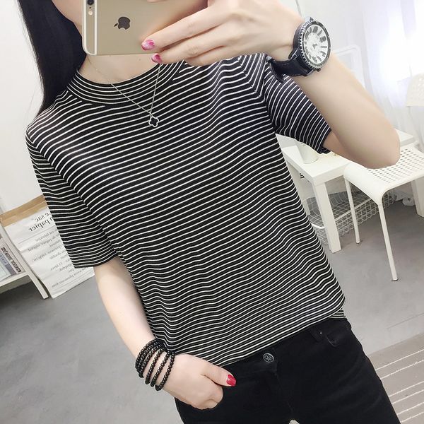fashion sweater fine woolen ice silk striped t-shirt women's short sleeve summer 2021 loose korean edition knitted bottomed top, White;black
fashion sweater fine woolen ice silk striped t-shirt women's short sleeve summer 2021 loose korean edition knitted bottomed top, White;black