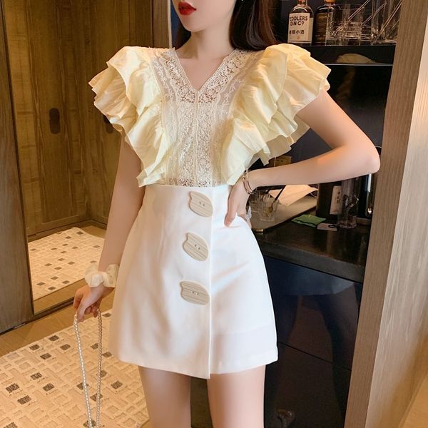 women 2 piece set v-neck ruffles draped chiffon shirt + hight waist single-breasted mini skirts sets summer outfits 210514, White
women 2 piece set v-neck ruffles draped chiffon shirt + hight waist single-breasted mini skirts sets summer outfits 210514, White