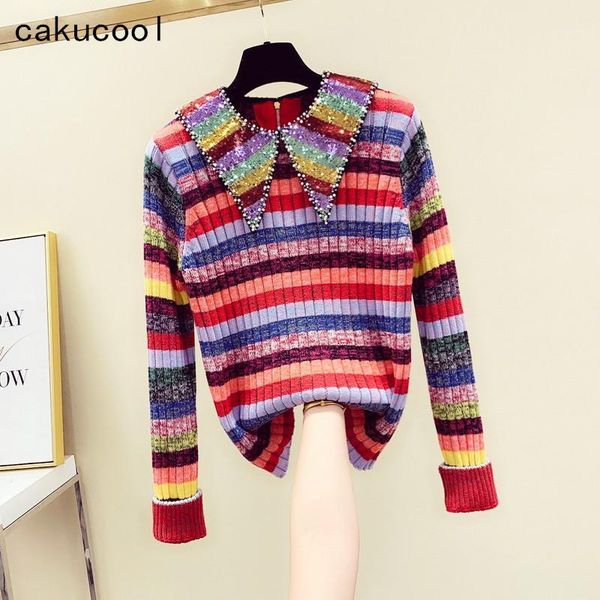 women's sweaters cakucool rainbow colorful sweater women turn down collar pearl beading runway design slim jumper femme, White;black
women's sweaters cakucool rainbow colorful sweater women turn down collar pearl beading runway design slim jumper femme, White;black