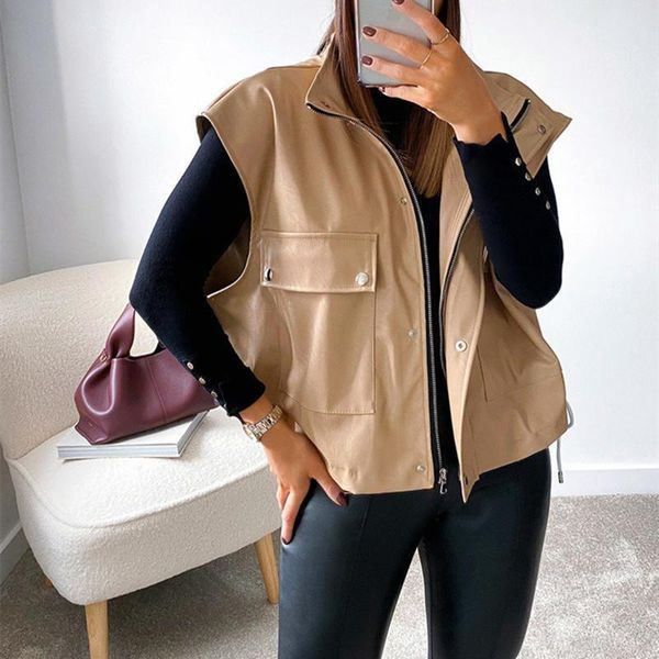 women's vests zipper black vest women sleeveless pu leather jacket pocket loose coat 2021, Black;white
women's vests zipper black vest women sleeveless pu leather jacket pocket loose coat 2021, Black;white