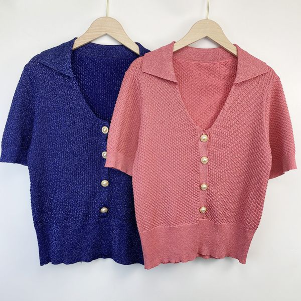 320 2021 summer brand same style short sleeve lapel neck red purple kint sweater women clothes qian, White;black
320 2021 summer brand same style short sleeve lapel neck red purple kint sweater women clothes qian, White;black