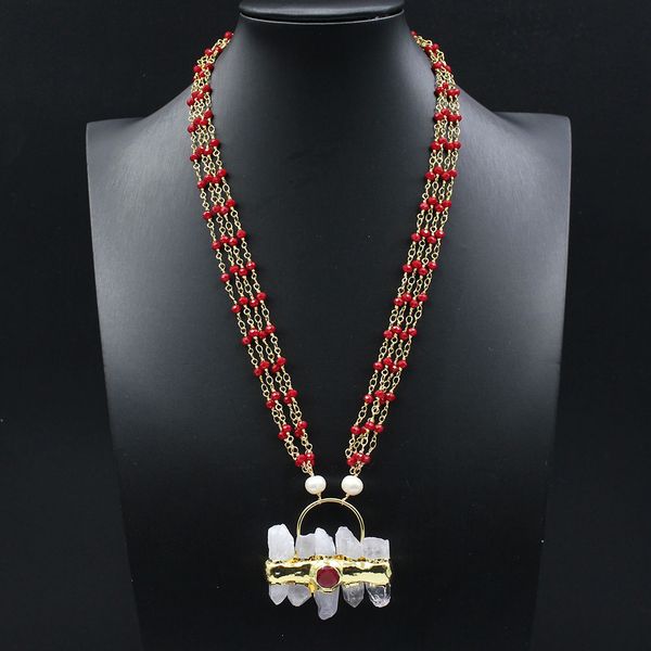 guaiguai jewelry 4 rows white pearl red crystal chain bezel set chain statement clear quartz red jades pendant necklace, Silver
guaiguai jewelry 4 rows white pearl red crystal chain bezel set chain statement clear quartz red jades pendant necklace, Silver