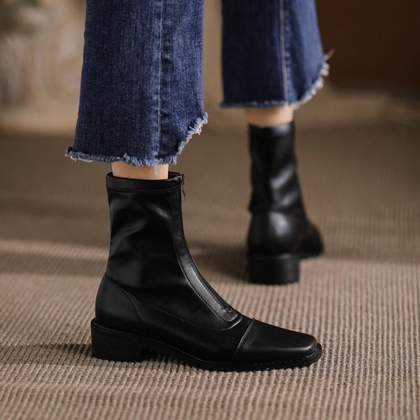 boots zipper women's genuine leather square toe shoes woman low heels 2021 winter office lady party ankle, Black 
boots zipper women's genuine leather square toe shoes woman low heels 2021 winter office lady party ankle, Black