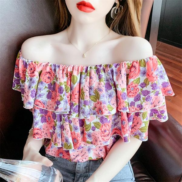 women's blouses & shirts korean fashion floral print chiffon blouse off shoulder women ruffle elegant summer blusa feminina, White
women's blouses & shirts korean fashion floral print chiffon blouse off shoulder women ruffle elegant summer blusa feminina, White
