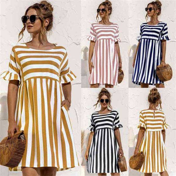 leosoxs summer new fashion o neck women's dress casual loose solid short sleeve ruffle patchwork pocket ladies stripe dress 210329, Black;gray 
leosoxs summer new fashion o neck women's dress casual loose solid short sleeve ruffle patchwork pocket ladies stripe dress 210329, Black;gray
